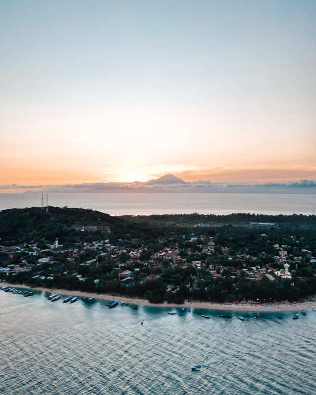 Gili Islands, drone shot of a beautiful sunset